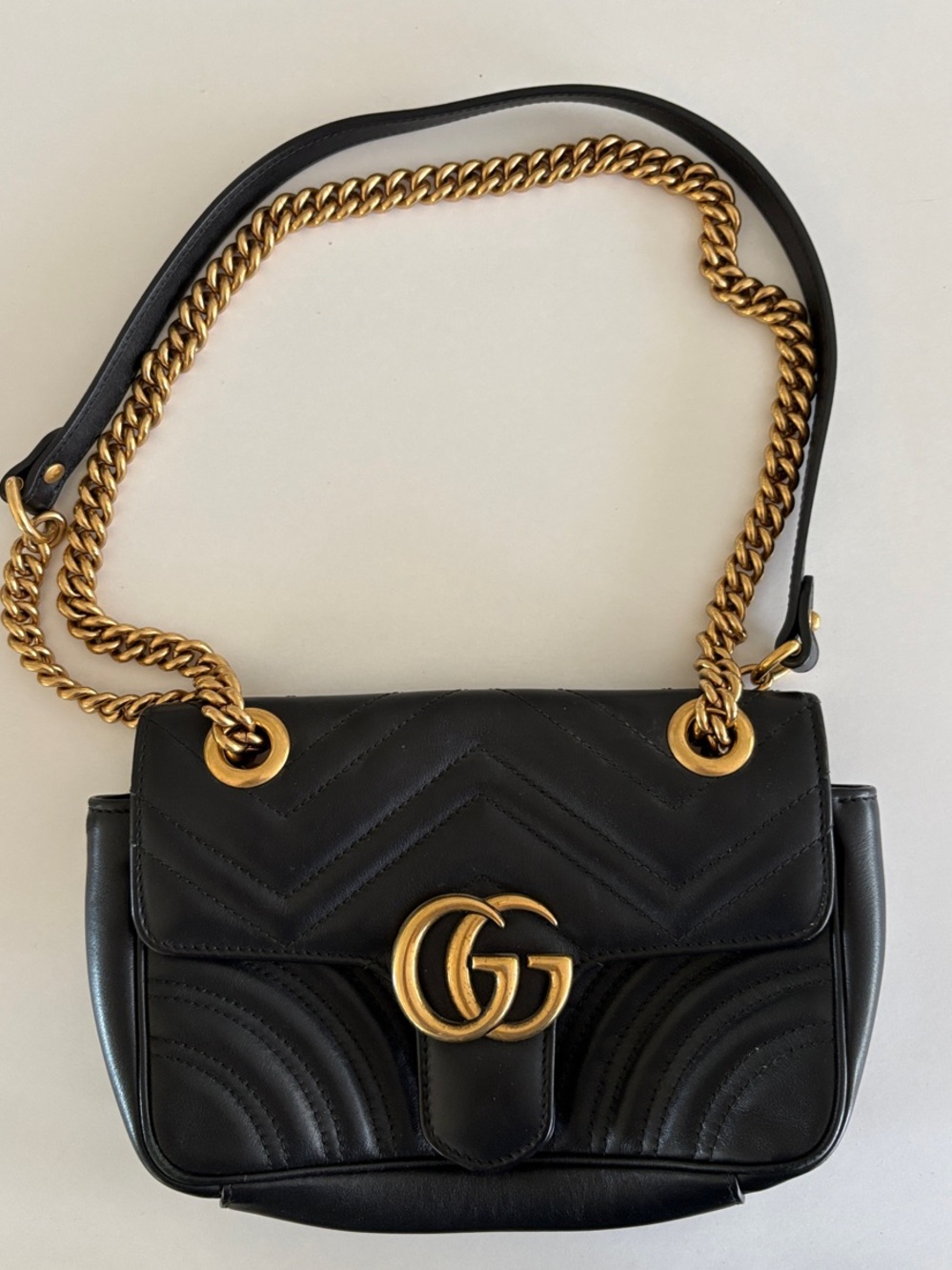 Gucci Black Marmont Chevron Leather Mini Shoulder Bag Brass Hardware